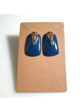 Blue Gold Tone Rectangular Post Earrings Vintage Style Jewelry Art Deco Gift